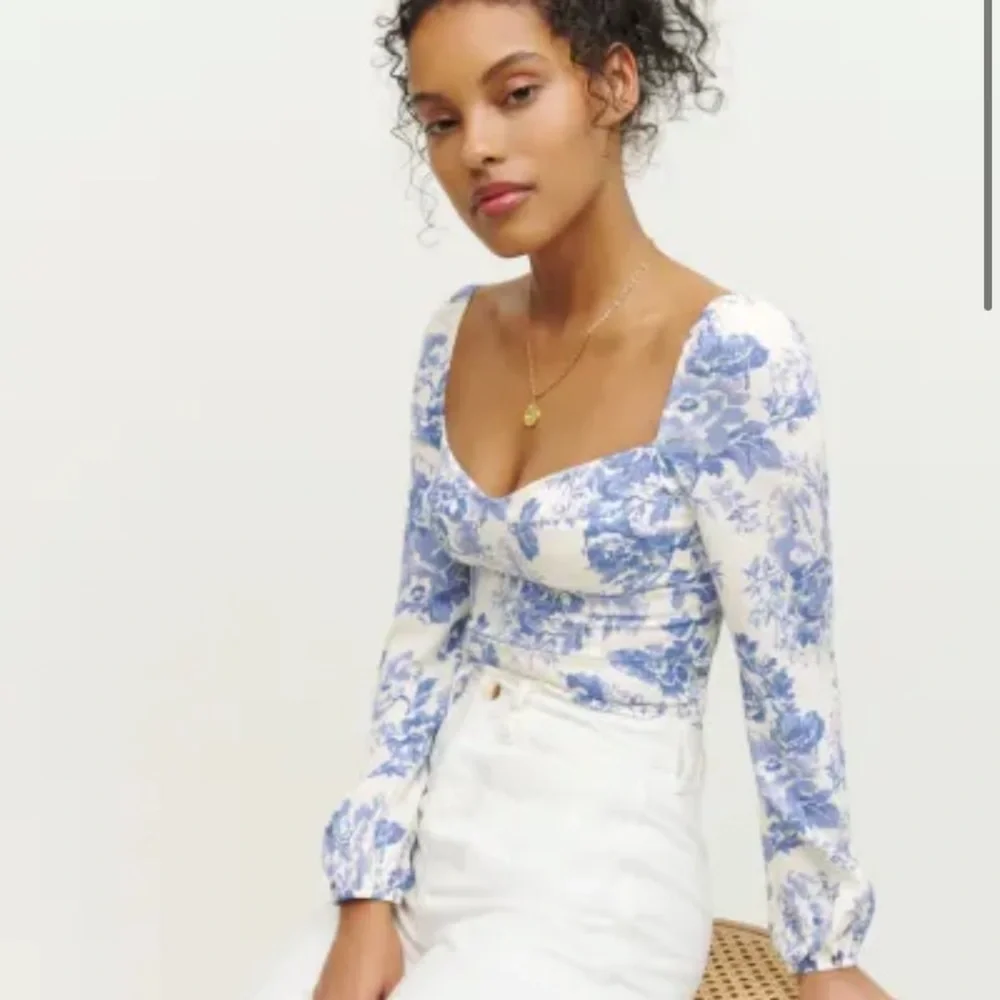 Reformation Blue and White Floral Square-Neck Long Sleeve Top